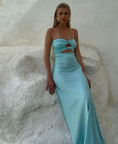 Sheath Strapless Keyhole Aqua Blue Silk Satin Long Prom Dress