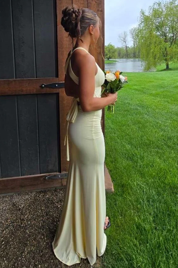 Yellow Halter V-Neck Twist Sleeveless Pleats Backless Long Dress
