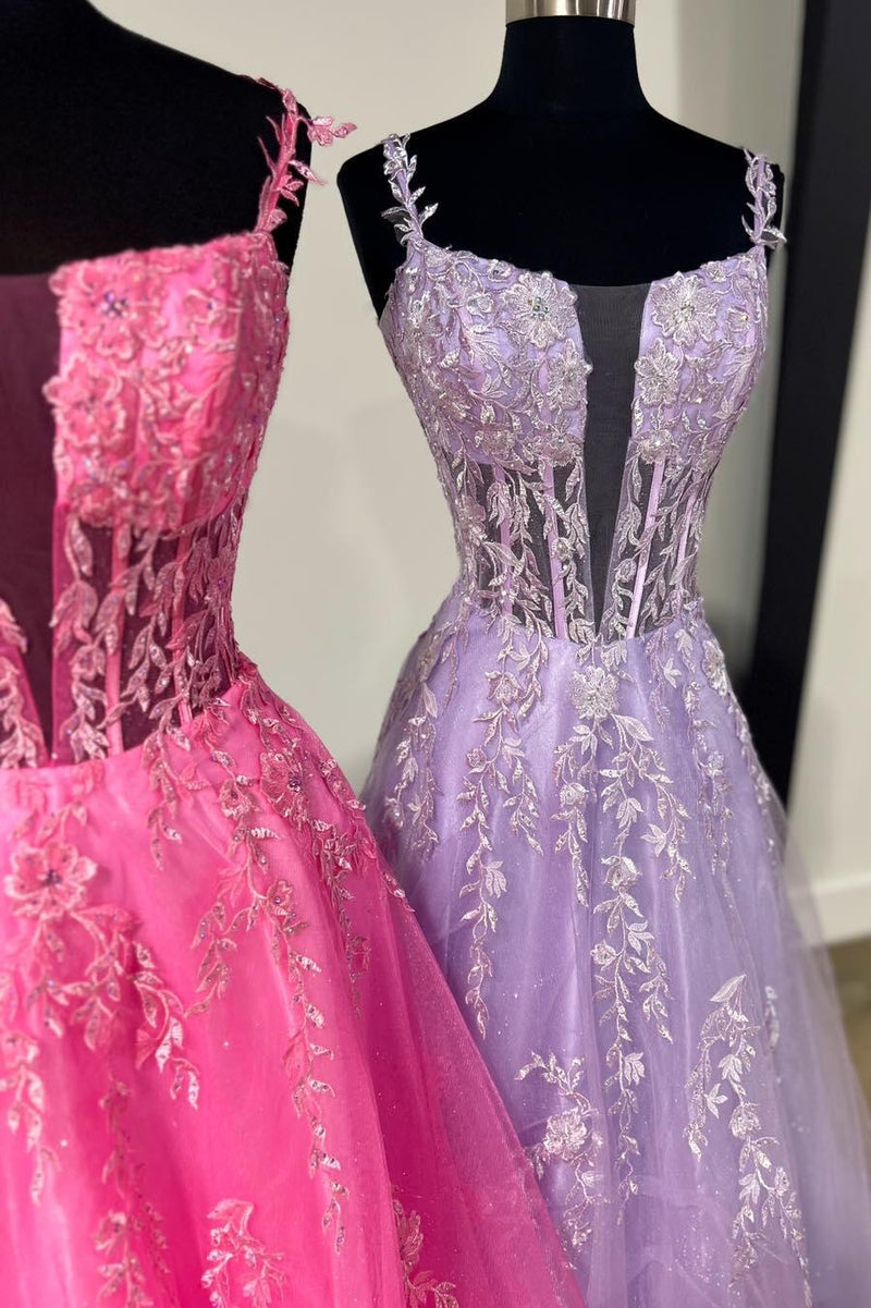 Sheer Appliques A-line Long Formal Dress