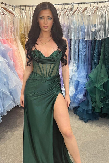 Sheer Corset Dark Green Beaded Mermaid Long Formal Dress