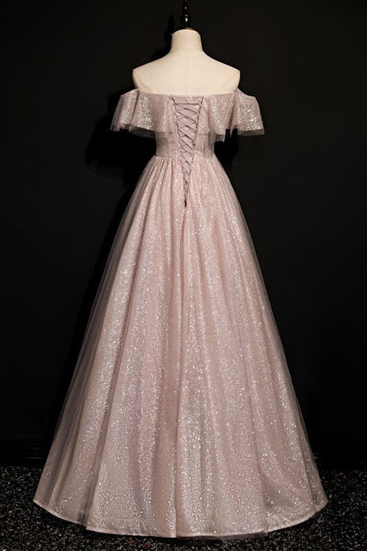 Shimmering Off the Shoulder Rose Gold Long Formal Dress
