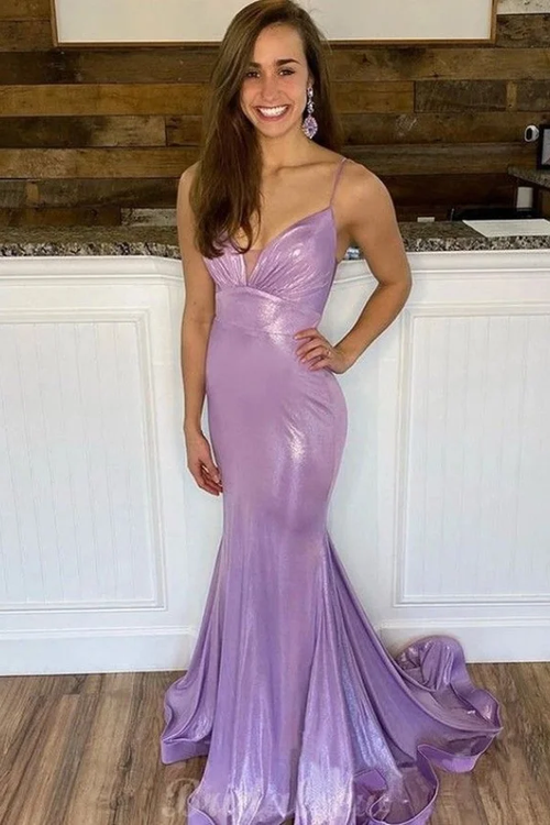 Shining Lilactti Strap V-Neck Mermaid Prom Dress with Pleated