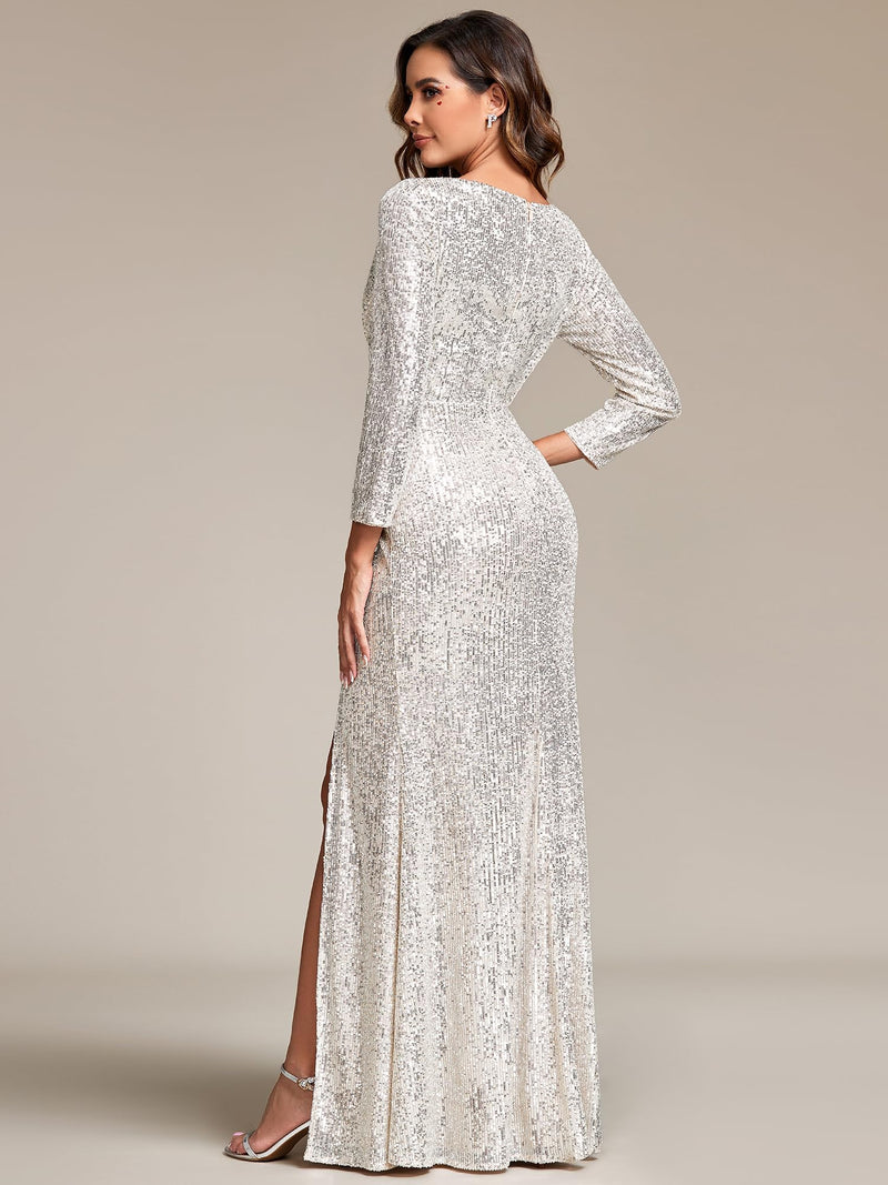 Shinning White V-Neck Prom Dress Long Sleeves Sequins with