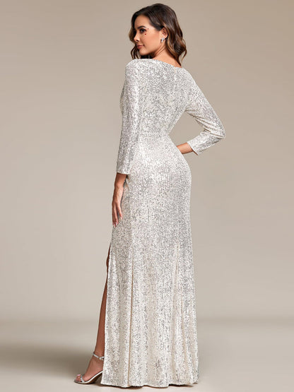 Shinning White V-Neck Prom Dress Long Sleeves Sequins with