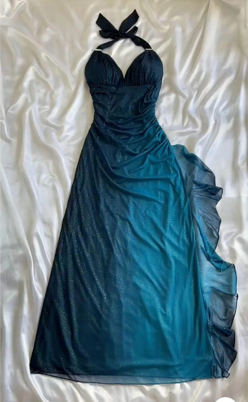 Shiny hiffon Halter Sheath Prom Dress for Party&Birthday Elegant Blue Evening Gowns