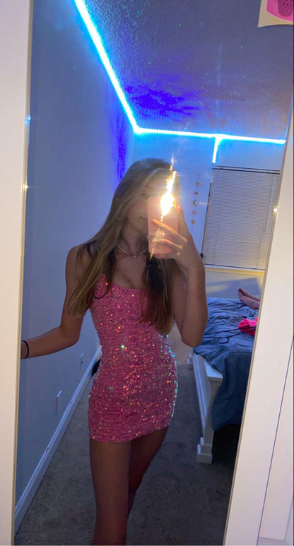 Shiny Pink Sequined Strapless Bodycon Homecoming Dress