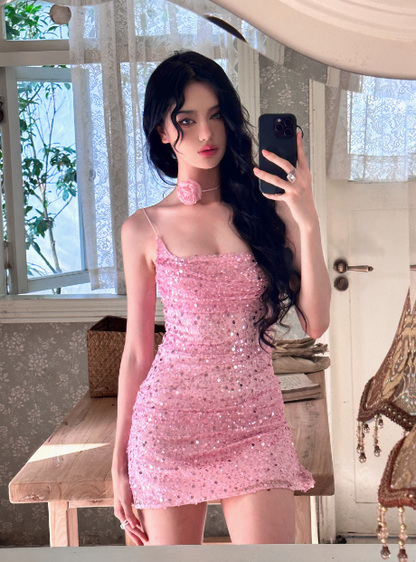Shiny Pink Sequined Suspender Tube Top Hip 17th Birthday Homecoming Dress