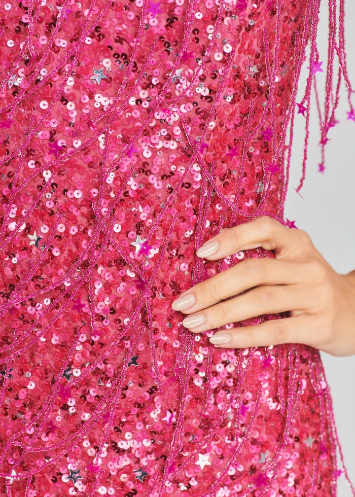Shiny Pink Sequined Tassel Tube Top Slim Fit 17th Birthday Homecoming Dress