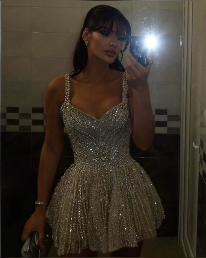 Shiny White Strappy V-Neck Beaded A-Line 17th Birthday Homecoming Dress