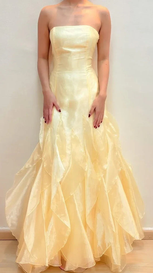 Shiny Yellow Organza Prom Dresses Strapless Ruffle Party Dress,AST2206