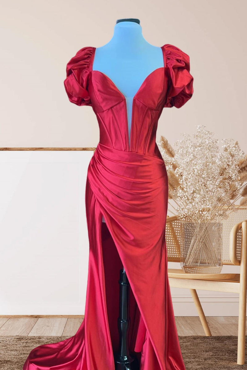 Short Puff Sleeves Light Blue Mermaid Formal Dress