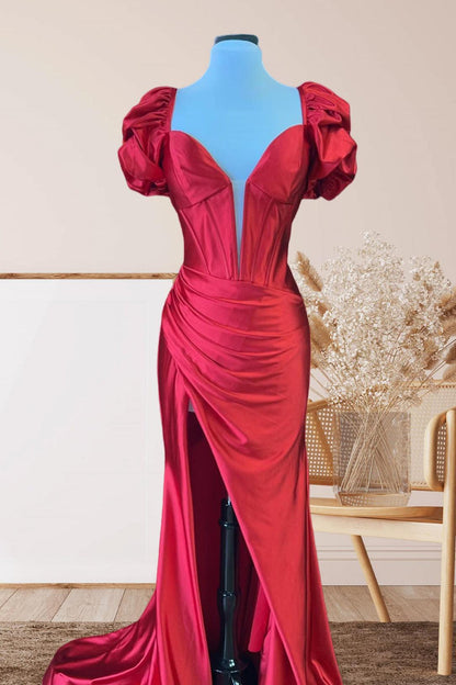 Short Puff Sleeves Light Blue Mermaid Formal Dress
