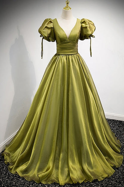 Short Puffy Sleeves Empire A-line Long Formal Dress