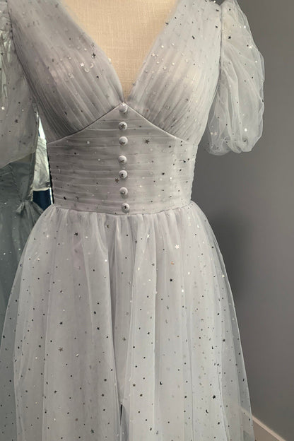 Short Puffy Sleeves Grey Sparkle Tea Length Dress