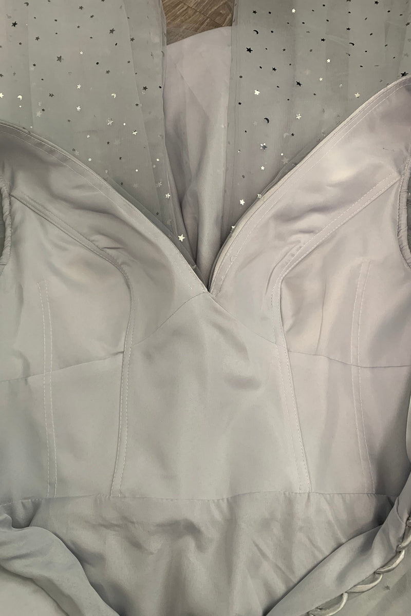 Short Puffy Sleeves Grey Sparkle Tea Length Dress