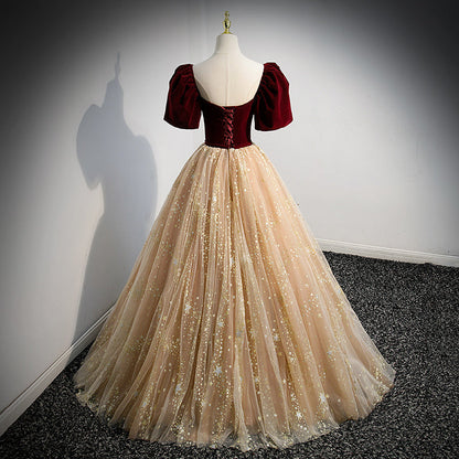 Short Sleeves Burgundy Velvet and Champagne Tulle Formal Gown