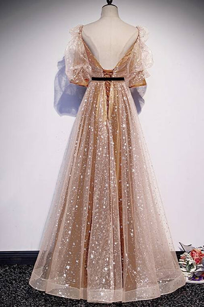 Short Sleeves Champagne A-line Long Prom Dress