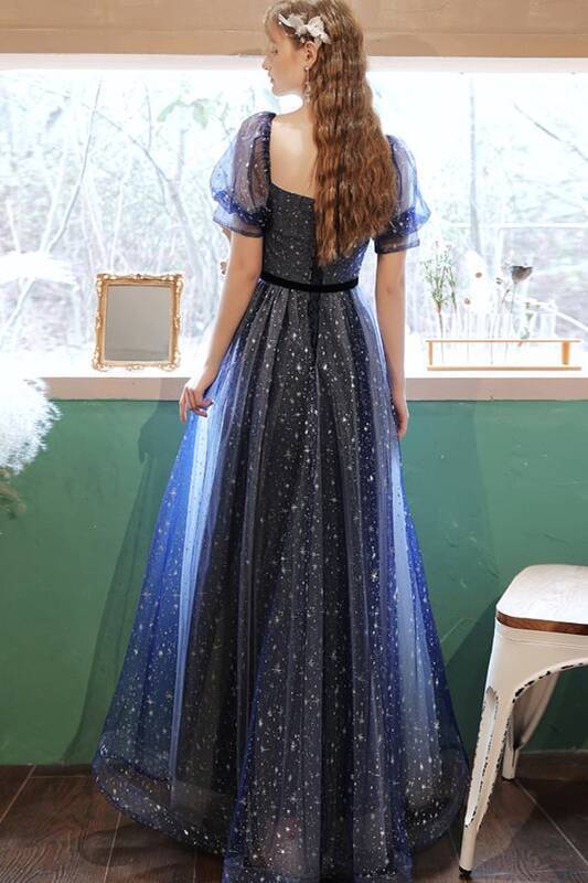 Short Sleeves Navy Blue Long Prom Dress