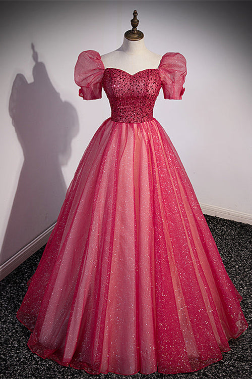 Short Sleeves Red Beaded A-line Long Formal Gown