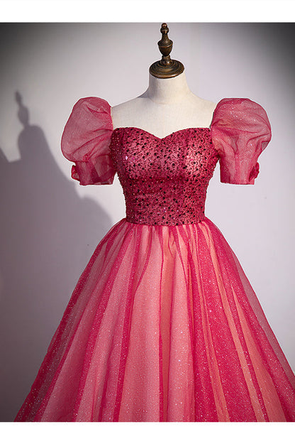 Short Sleeves Red Beaded A-line Long Formal Gown
