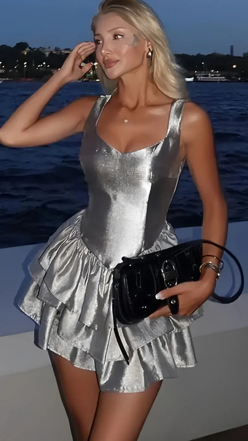 Silver Bodycon V-Neck Homecoming Dress Ruffle Hoco Dresses, AST1937