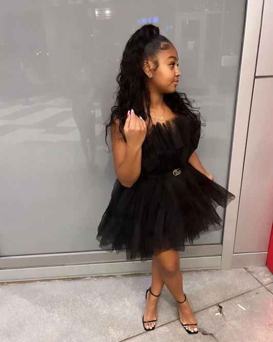 Simple A-Line Black Strapless Tulle Multi-Layered Homecoming Dress