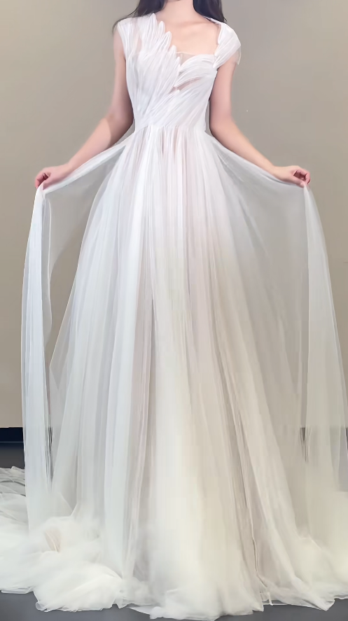 Simple A-Line Long Wedding Dresses Tulle White Bridal Gowns Short Sleeves Bridal Dresses