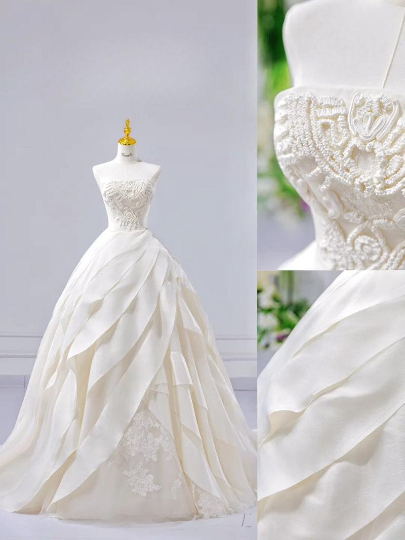Simple A-Line White Long Wedding Dresses Satin Strapless Bridal Gowns Sleeveless Bridal Dresses