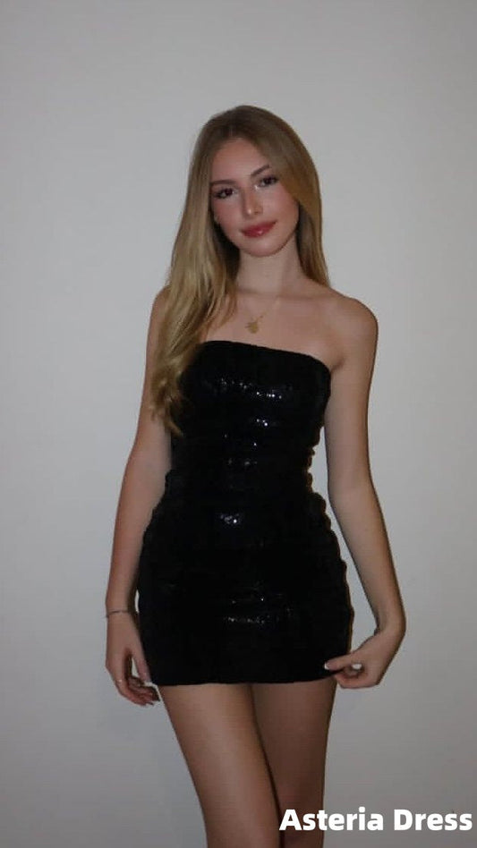 Simple Black Sequin Homecoming Dresses Strapless Mini Birthday Dresses