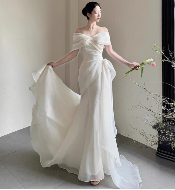 Simple Cap Neck Mermaid Long Wedding Dresses Tulle White Bridal Gowns Short SleeveBridal Dresses
