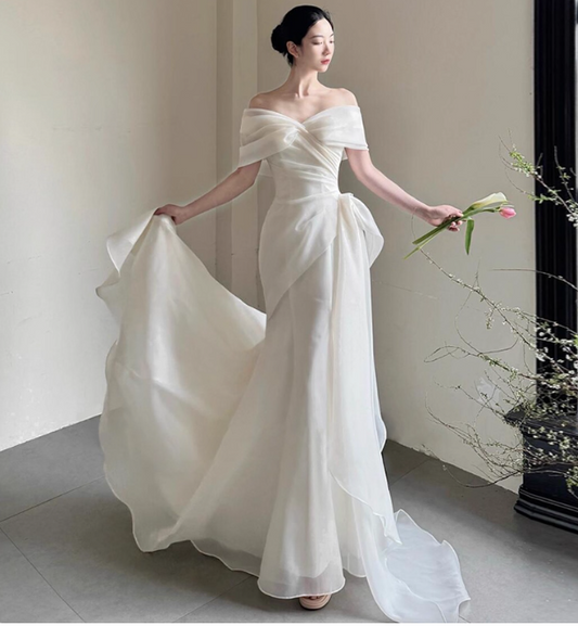 Simple Cap Neck Mermaid Long Wedding Dresses Tulle White Bridal Gowns Short SleeveBridal Dresses