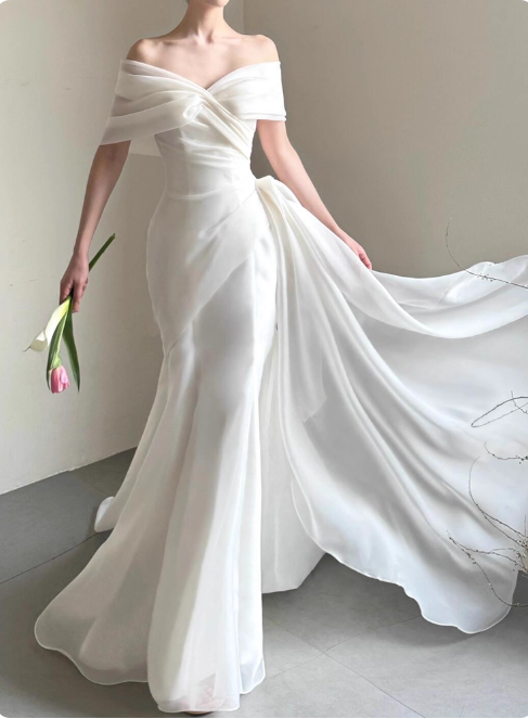 Simple Cap Neck Mermaid Long Wedding Dresses Tulle White Bridal Gowns Short SleeveBridal Dresses