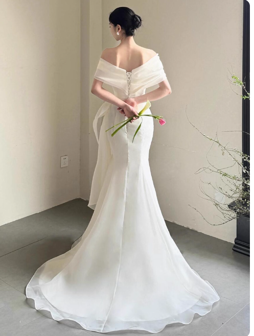Simple Cap Neck Mermaid Long Wedding Dresses Tulle White Bridal Gowns Short SleeveBridal Dresses