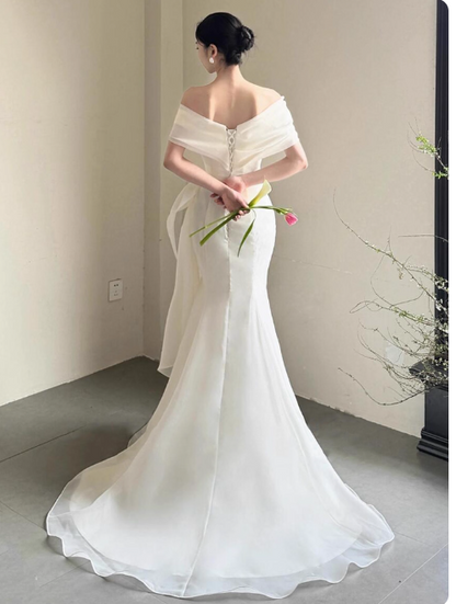 Simple Cap Neck Mermaid Long Wedding Dresses Tulle White Bridal Gowns Short SleeveBridal Dresses