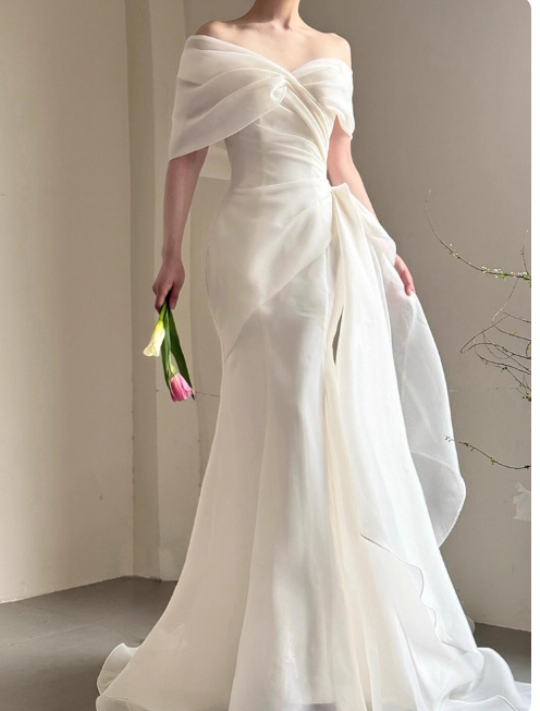 Simple Cap Neck Mermaid Long Wedding Dresses Tulle White Bridal Gowns Short SleeveBridal Dresses