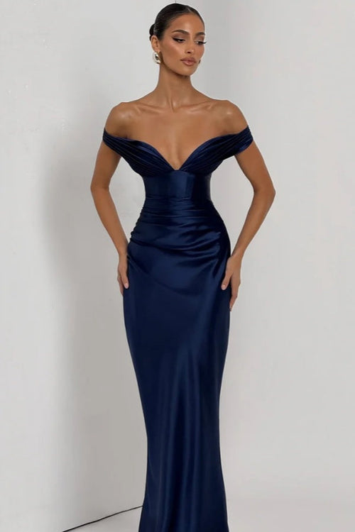 Simple Dark Nvay Off-the-Shoulder Prom Dress Sleeveless Slimming Satin