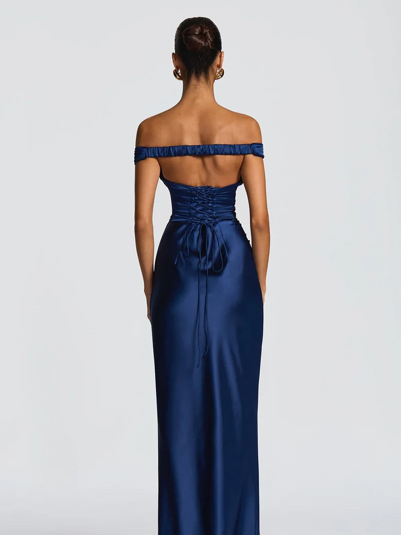 Simple Dark Nvay Off-the-Shoulder Prom Dress Sleeveless Slimming Satin