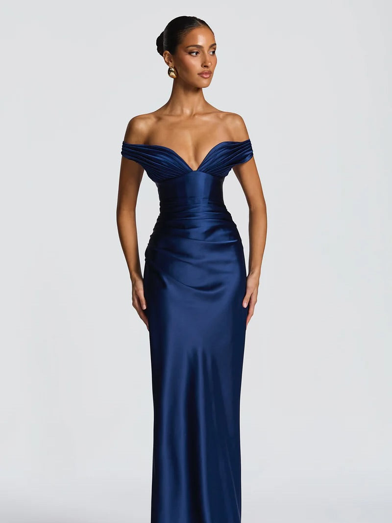Simple Dark Nvay Off-the-Shoulder Prom Dress Sleeveless Slimming Satin