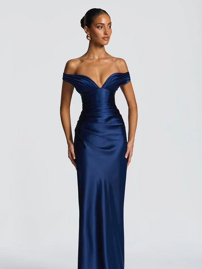 Simple Dark Nvay Off-the-Shoulder Prom Dress Sleeveless Slimming Satin