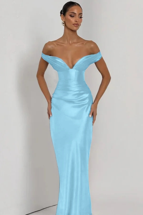 Simple Dark Nvay Off-the-Shoulder Prom Dress Sleeveless Slimming Satin