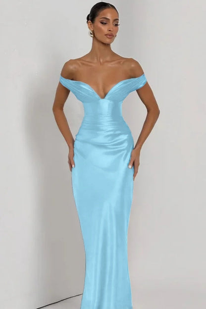 Simple Dark Nvay Off-the-Shoulder Prom Dress Sleeveless Slimming Satin