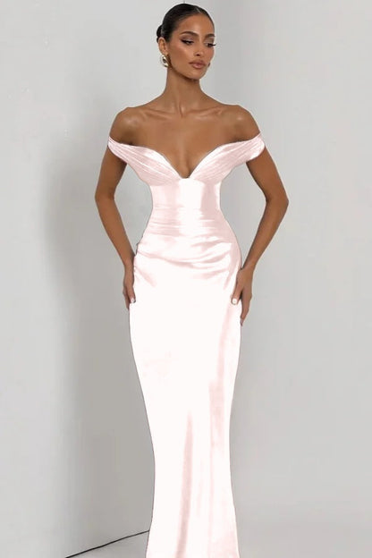 Simple Dark Nvay Off-the-Shoulder Prom Dress Sleeveless Slimming Satin