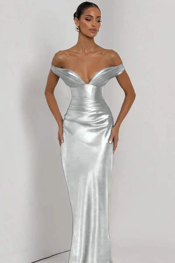 Simple Dark Nvay Off-the-Shoulder Prom Dress Sleeveless Slimming Satin