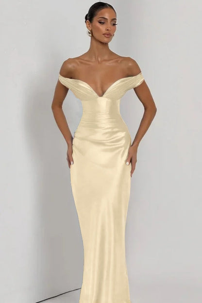 Simple Dark Nvay Off-the-Shoulder Prom Dress Sleeveless Slimming Satin