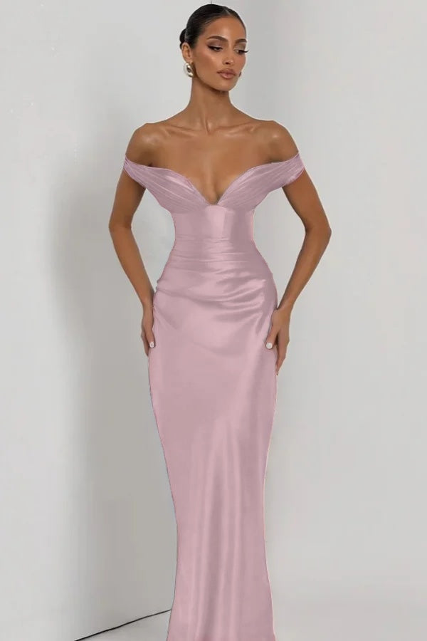 Simple Dark Nvay Off-the-Shoulder Prom Dress Sleeveless Slimming Satin