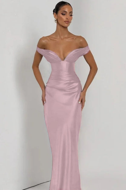 Simple Dark Nvay Off-the-Shoulder Prom Dress Sleeveless Slimming Satin