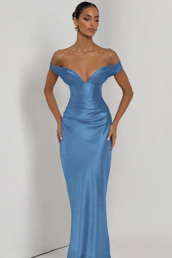 Simple Dark Nvay Off-the-Shoulder Prom Dress Sleeveless Slimming Satin