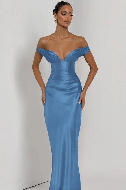 Simple Dark Nvay Off-the-Shoulder Prom Dress Sleeveless Slimming Satin
