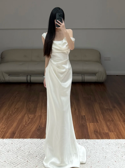 Simple Elegant White Wedding Dress Satin Evening Dress