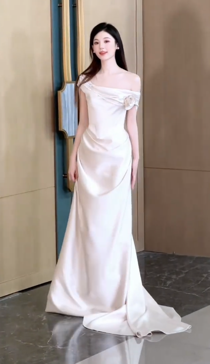Simple Mermaid Off The Shoulder Satin Pleated Long Wedding Dresses